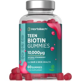 Biotin Gummies for Teens | 60 Count | Natural Strawberry Flavour | 10,000ug of Biotin to Support Hair & Skin Health | High Strength Vegan Supplement | by Horbaach