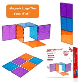 NEOFORMERS 6 Piece Magnetic Building Block Set Large Square Shape Magnet Tiles Construction Toy STEM Learning Kit Educational Playset Playboard Pretend Play Stacking Blocks Child Brain Development