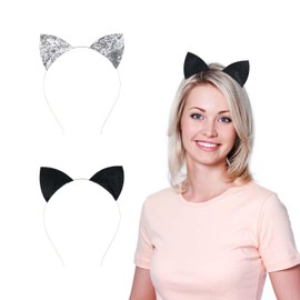 WLLHYF 2 Pcs Glitter Cat Ears Headband Christmas Cat Ears Hair Hoops Cute Ear Headpiece Hair Accessories for Woman Hairband Cosplay(Black/Silver