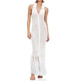 Saodimallsu Womens Halter Cover Ups Fringe Collared Crochet Sleeveless Mesh Knit Swimsuit Coverup Beach Maxi Dress White