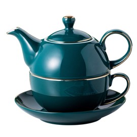 Jusalpha Dark Turquoise Green Fine China 16 OZ Teapot- Tea cup- Saucer Set, Tea-for-One set #08
