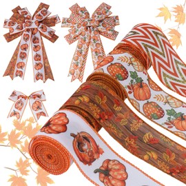 ZAWE 4 Rolls Fall Ribbon 2" 20 Yards Watercolor Pumpkins Maple Leaves Squirrels Wired Edge Ribbon for Home Bow Wreath DIY Craft Gift Wrap Autumn Thanksgiving Party Decorations