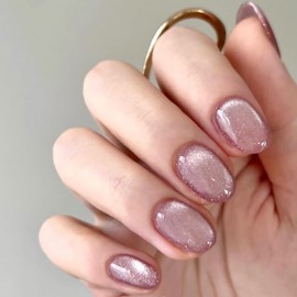Cat Eye Press on Nails Short Oval Lilac Fake Nails with Solid Color Acrylic Nails Press ons Glossy Artificial Nails Glitter Stick on Nails Glue on Nails for Women and Girls 24 Pcs