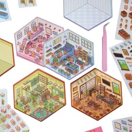 4 Sets DIY 3D House Stickers 3D Stickers Scene for Adults Teen Girls Kids Make Your Own Mini Room Shop Scenes Therapy for Adults Relief Stress Pass The Time