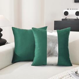 TAOSON Pack of 2 Velvet Decorative Throw Pillow Covers Dark Grey Patchwork with Silver Striped Leather Pillow Covers 18×18 Inch Cushion Covers Decor Living Room Sofa Bedroom Car Only Cover No Insert