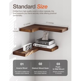 BATODA Acacia Wood Corner Floating Shelf 17” x 12”- Corner Shelf Wall Mounted - Floating Book Shelves for Wall - Corner Shelf for Home, Kitchen - with Brackets and Hardware (Walnut Color, 17" x 12")