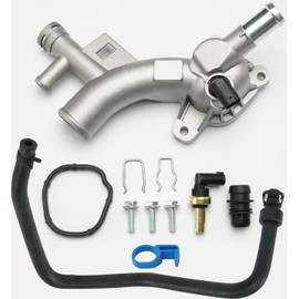Aluminum Engine Coolant Thermostat Housing Water Outlet Kit with Coolant Reservoir Inlet Hose Compatible with 2011-2021 Chevy Cruze Sonic Trax, Buick Encore 1.4L Replaces 25193922, 902-846, 13251447