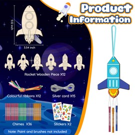 TREACLUB 12PCS Rocket Wind Chime Kit for Kids Make Your Own Space Wooden Wind Chime DIY Coloring Wood Crafts Outer Space Crafts Ornaments for Boys Girls School Activities Party Decoration