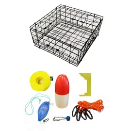 KUFA Sports Vinyl Coated 24"x24"x12" Crab Trap & Accessory Kit (100' Poly Rope with line Weight, Caliper,Harness,Bait Case & 11" Red/White Float) S60+CAP14