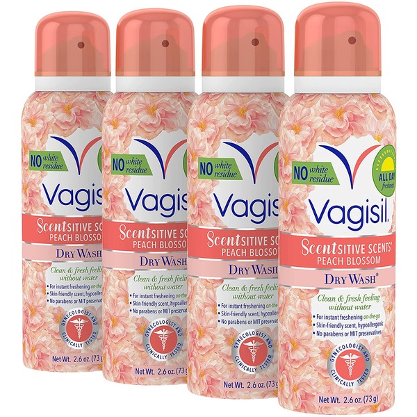 Vagisil Scentsitive Scents Peach Blossom Dry Wash Spray 4 Pack, 4Count