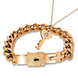 Uloveido Rose Gold Plated Lock Chain Bracelet & Key Pendant Necklace Stainless Steel Couples Jewelry Set for Women Men Y808 (Rose Gold)