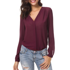 Urban CoCo Womens V Neck Ruffled Shoulder Business Causal Chiffon Blouse Button Down Shirts (Small, Wine Red)