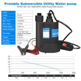 Water Pump Submersible Pump DC 12V Sump Pump 1500 GPH Utility Pump With Switch-Black