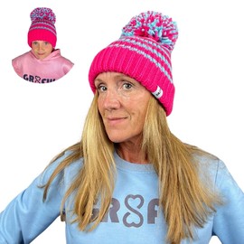 gr8ful® Big Bobble Hat for Men, Women, Boys & Girls | Warm Wooly Fluffy Hat fab for Hiking, Running, Gardening, Golf, or Outback Explorer Beanie hat | Lightweight Quick Dry, One Size (Pink, Blue)