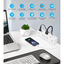 Desk Clamp Power Strip USB, VILONG Dual Layer Desktop Edge Power Strip, 20 AC Outlets PD 30W 4 USB-A Ports 4 USB-C Ports, 6Ft Cord, 1200J Surge Protector