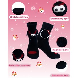 Magnetic Holding Hands Socks, 2 Pairs Christmas Socks Funny Couple, Novelty Crazy Socks for Kids Teens Friendship Men Women Valentine and Christmas Gift (Black 3D Deer)