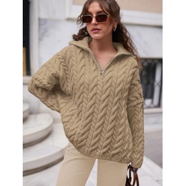 PRETTYGARDEN Womens Fall Sweaters 2025 Long Sleeve Quarter Zip Pullover Sweater Casual Loose V Neck Cable Knit Jumper Tops (Khaki, Large)