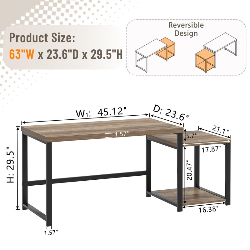 63 Inch Large Computer Desk with Printer Space & PC