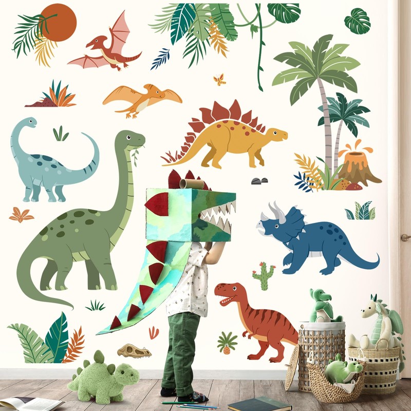 decalmile Large Boho Dinosaurs Wall Decals Dino Animal Tropical Palm