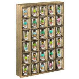 LEIFEOSH 2 Pcs Shot Glass Display Case, Vintage Green Wooden Shot Glass Shelf with Removable Shelves, Wall Mounted Shadow Box Thimble Display Case, 30 Slots