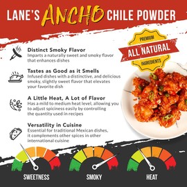 Lane's Ancho Chile Powder, 7.3 oz - All Natural Ground Ancho Chili Powder, Sweet & Smoky Flavor, Medium Heat, Made from Dried Poblano Peppers, Ideal for Mexican Dishes, Gluten Free Spice, Made in USA