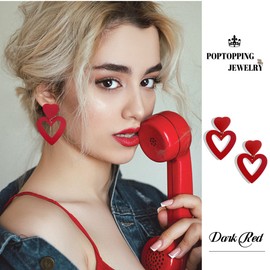 PopTopping Double Heart Drop Earrings Red Heart Zinc Earrings Love Heart Dangle Earrings For Women Valentine's Day Mother's Day Gift (Dark Red)