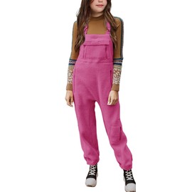 CharmWM Girls Fleece Overalls Warm Winter Loose Casual Adjustable straps Jumpsuits with Pockets 5-14 Years 120-160 Pink
