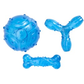 Dog Dental Toys Bacon Flavored Scented Tough Blue Rubber Choose Ball Bone Tripod or Sets (Small Set - All 3 Toys)
