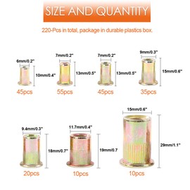 Rustark 220-Pcs Assort 8-32UNC 10-24UNC 1/4"-20UNC 5/16"-18UNC 3/8"-16UNC 1/4''-20UNC 5-32''-32UNC Mixed Zinc Plated Carbon Steel Rivet Nut Flat Head Insert Nutsert Assortment Kit