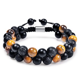 DHQH Triple Protection Bracelet 8/10MM Hematite Black Agate Tigers Eye Stone Bracelet Healing Crystal Natural Stone Bead Bracelets for Men Bring Prosperity Luck