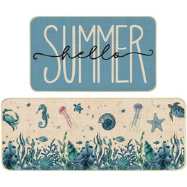 Nialnant Coastal Kitchen Rugs Set of 2, Non Slip Nautical Kitchen Mat, Summer Kitchen Mats for in Front of Sink, Teal Kitchen Rugs for Bathroom, 17'' x 47'' + 17'' x 30''