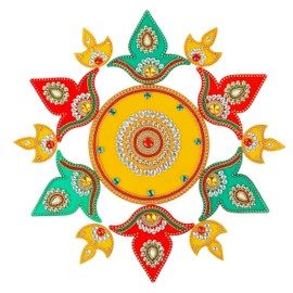 Designer Floor Rangoli Reusable Round Acrylic Indian Traditional decorations for Home Floor Decor Gifts for Interior Floor rangoli Decorations and Gifting(Size:14")(Red,Yellow & Green)