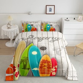 Colorful Surfing Bedding Set Full Size for Kids Boys Girls Home Room Decor,Hawaiian Ocean Style Comforter Set Rustic Farmhouse Barn Quilt Set Flower Sun Surfboard Bedspread,2 Pillowcases