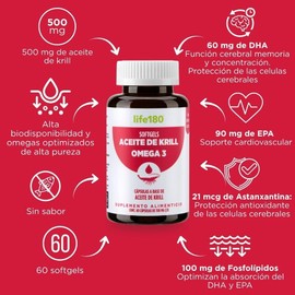 Life180 Dúo Omega 3 Aceite de Krill con Astaxantina Pack de 2 Suplemento Alimenticio con DHA, EPA y Fosfolípidos para el Soporte Cardiovascular y Cognitivo, Sin Sabor