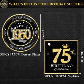 algpty 60 PCS Vintage 1950 Birthday Plates and Napkins Set, 75th Birthday Decorations Black and Gold, Service for 30,75th Birthday Party Supplies, 75th Birthday Plates and Napkins for Men Women