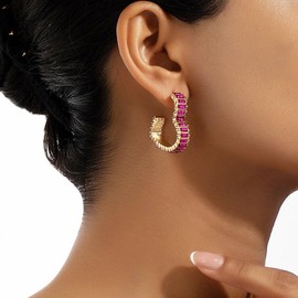 Zircon Clip Earrings,Hot Pink Heart CZ Clip On Ear Cuffs Stud Earrings,Chunky Crystal Clip Ear Cuff Prom Hoop Earrings for Women (Heart red)