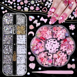 Pink Nail Flower Butterfly Bows 3D Asssorted Nail Charms, Junk Case Charms3D Nail Charms and Gems, Nail Art Kit, Junk Case Charms Flatback Pearls Gems Set for Nails Design DIY with Pickup Tools
