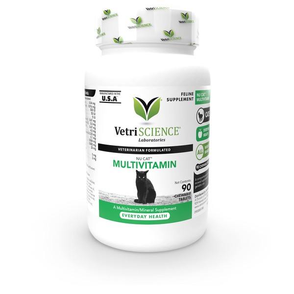 VetriScience NuCat Multi Vitamin for Cats, 90 Chewable Tablets - Complete MultiVitamin Supports Skin and Coat, Immune System, Eye Sight and Everyday Wellness