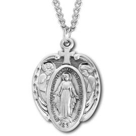 Men's Sterling Silver Miraculous Heart Pendant w Angel Wings and Cross Necklace with Endless 24" Chain| USA Made