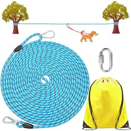 ZENGSUSU Dog Tie Out Cable for Camping&Backyard，Reflective Runner Trolley System for Dog Up to 300 lbs，Outdoor Zip Line Long Leash with Handle and Removable Connection Ring (Blue, 100ft)