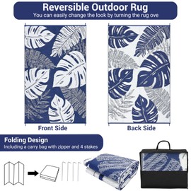 COZYLOOM Large Outdoor Rug 9 x 18 Waterproof Tropical Leaf Plastic Straw Rug, Modern Patio Rug with 4 Stakes, UV-Resistant Reversible Mat, Outside Carpet for Backyard, RV, Deck, Picnic, Blue White