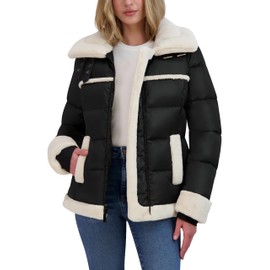 Laundry By Shelli Segal Women's Satin Puffer Jacket with Faux Fur Trim, Black