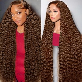MXTQO Deep Wave Lace Front Wigs Human Hair Pre Plucked HD Transparent Lace Front Wigs Human Hair Deep Wave Lace Frontal Wigs Human Hair Wigs for Women (Chocolate Brown, 30 Inch)