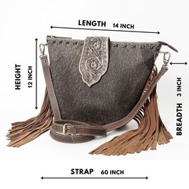Merbaa Hand Carved Cowhide Leather Flap Open Zipper Closure Crossbody Shoulder Purse For Women, (Grey)
