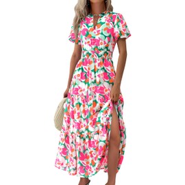 MASCOMODA Summer Maxi Dress for Women 2025 Casual V Neck Puff Short Sleeve Smocked Ruffle Flowy Beach Boho Long Floral Dress(Green Pink Flower,Large)