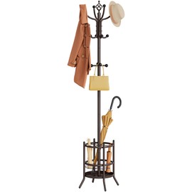 Tajsoon Coat Rack Stand with Umbrella Holder, Coat Tree Freestanding with 16 Hooks, Coat Hangers Stand for Living Room, Bedroom, Office, Brown