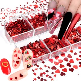 Laser Red Glitter Nail Art Sequins, Holographic 3D Glitters Flakes Decor, Love Heart Letters Butterfly Flowers Stars Circle Nail Art Designs for Women Manicure Charms Decorations False Nails Supplies