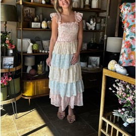 Y2k Patchwork Floral Maxi Dress Boho Flowy Ruffle Tiered Summer Dress Cute Beach Smocked Long Sundresses for Women