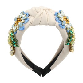 Florate Knotted Crystal Flower Headband for Women Embroidered Rhinestone Floral Luxury Pearl Bead Wide Vintage Hairband Hair Accessories (H1124-beige)