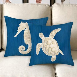 Royalours Beach Coastal Blue Throw Pillow Covers 18 x18 Inch Sea Turtle Scallop Seahorse Starfish Conch Beach Vintage Ocean Decorative Pillow Cases Cushion Covers for Sofa Home Decor Set of 4